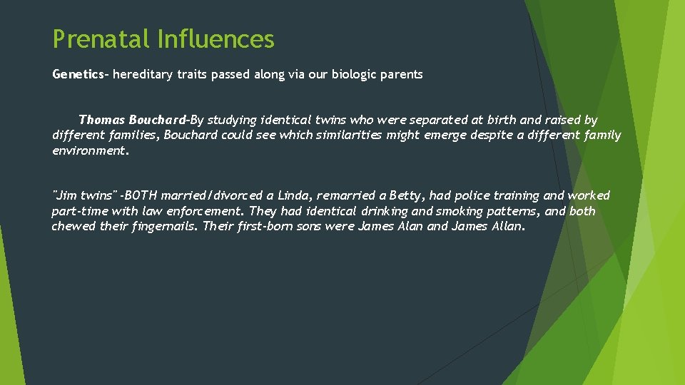 Prenatal Influences Genetics- hereditary traits passed along via our biologic parents Thomas Bouchard-By studying