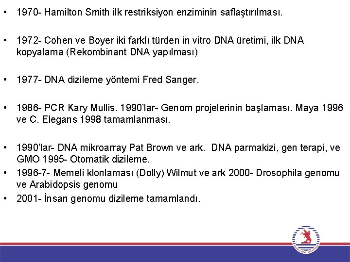  • 1970 - Hamilton Smith ilk restriksiyon enziminin saflaştırılması. • 1972 - Cohen