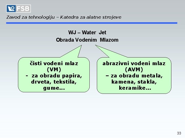 Zavod za tehnologiju – Katedra za alatne strojeve WJ – Water Jet Obrada Vodenim