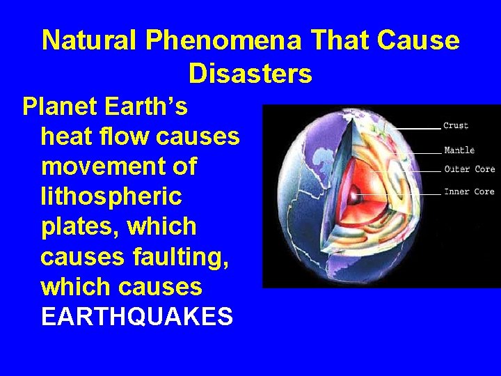 Natural Phenomena That Cause Disasters Planet Earth’s heat flow causes movement of lithospheric plates,