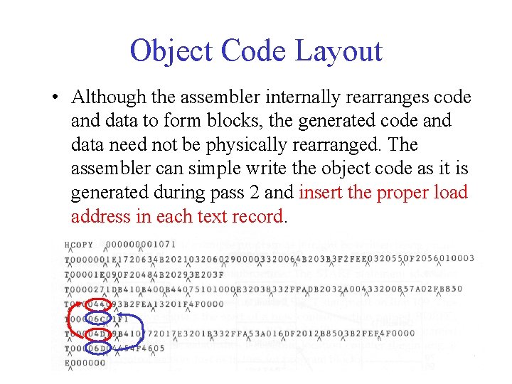 Object Code Layout • Although the assembler internally rearranges code and data to form