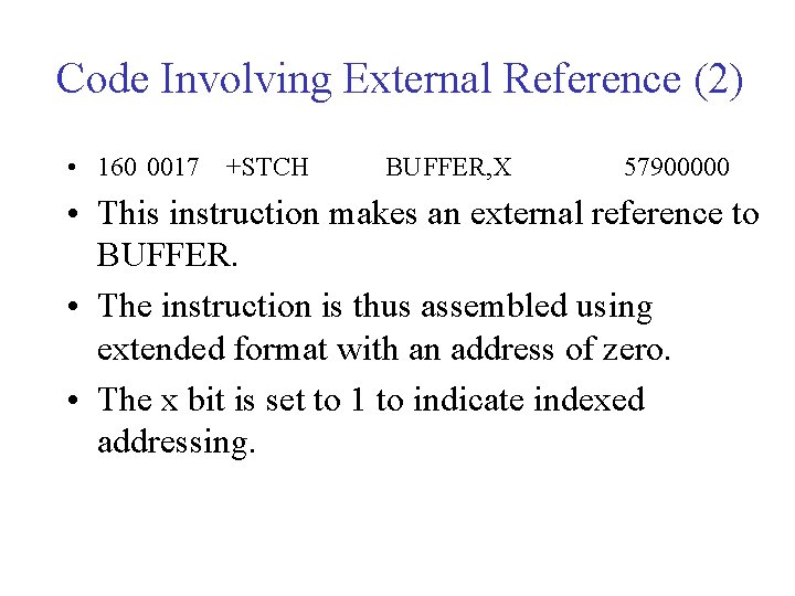 Code Involving External Reference (2) • 160 0017 +STCH BUFFER, X 57900000 • This
