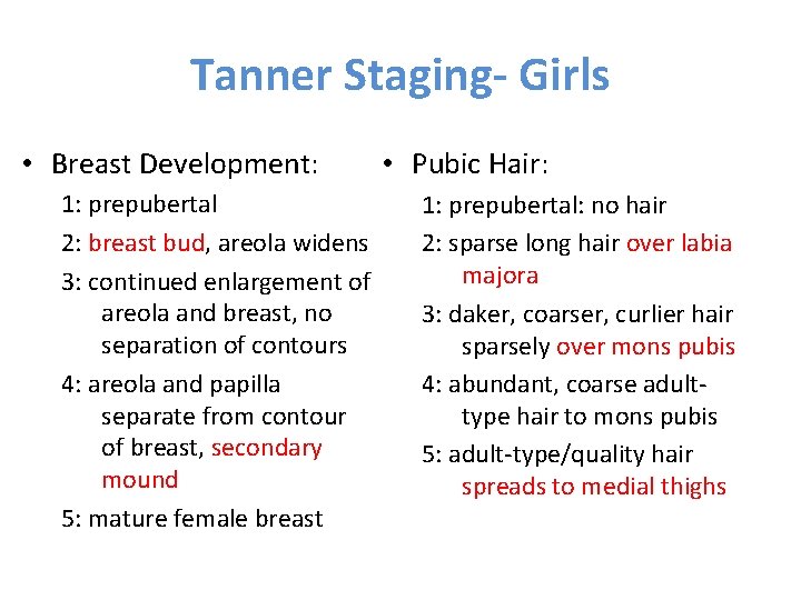 Tanner Staging- Girls • Breast Development: 1: prepubertal 2: breast bud, areola widens 3: