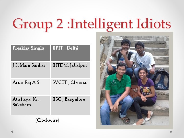 Group 2 : Intelligent Idiots Preskha Singla BPIT , Delhi J K Mani Sankar