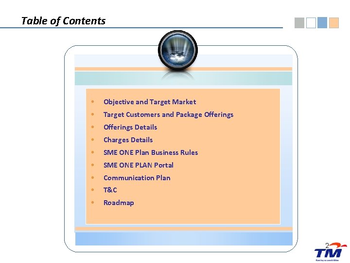 Table of Contents • Objective and Target Market • Target Customers and Package Offerings