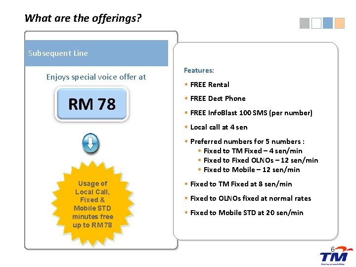 What are the offerings? Subsequent Line Enjoys special voice offer at RM 78 Features: