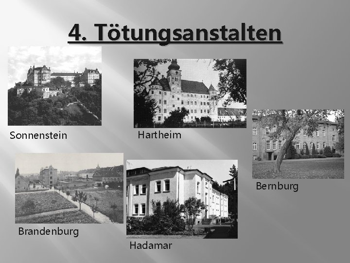 4. Tötungsanstalten � Bernburg Sonnenstein Hartheim Bernburg Brandenburg Hadamar 