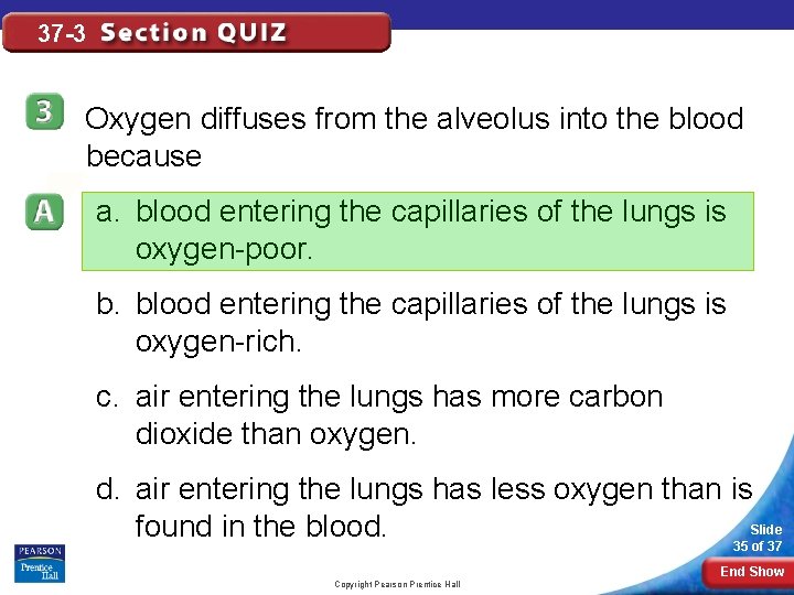 37 -3 Oxygen diffuses from the alveolus into the blood because a. blood entering