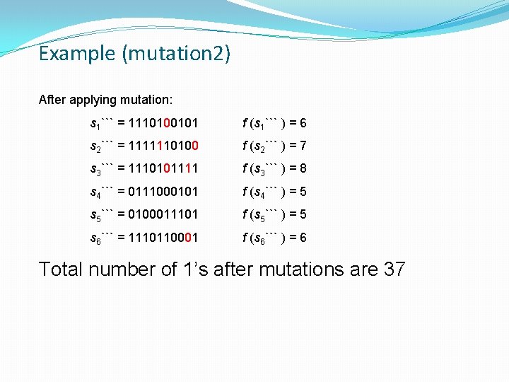 Example (mutation 2) After applying mutation: s 1``` = 1110100101 f (s 1``` )