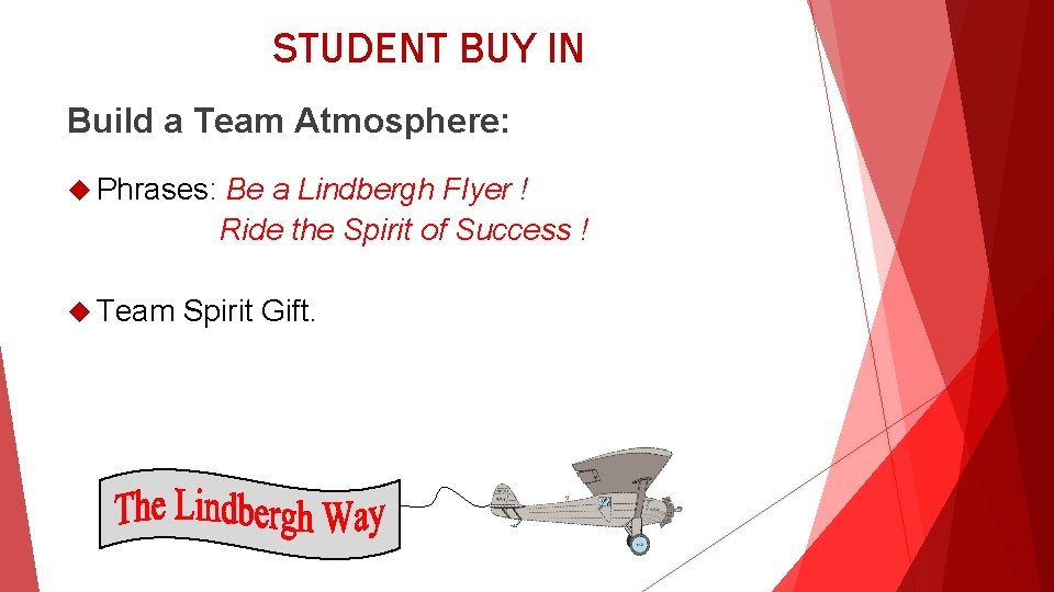 STUDENT BUY IN Build a Team Atmosphere: Phrases: Be a Lindbergh Flyer ! Ride