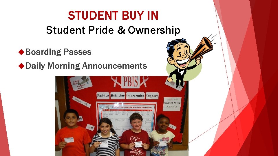 STUDENT BUY IN Student Pride & Ownership Boarding Daily Passes Morning Announcements 