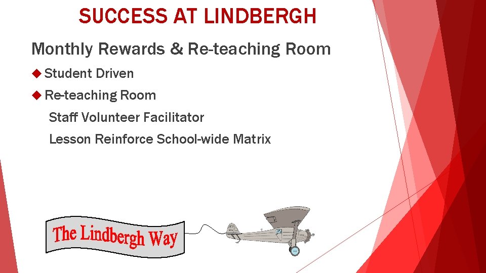 SUCCESS AT LINDBERGH Monthly Rewards & Re-teaching Room Student Driven Re-teaching Room Staff Volunteer