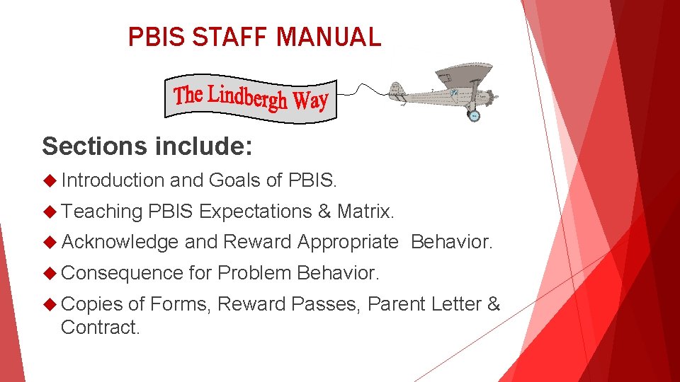 PBIS STAFF MANUAL Sections include: Introduction and Goals of PBIS. Teaching PBIS Expectations &