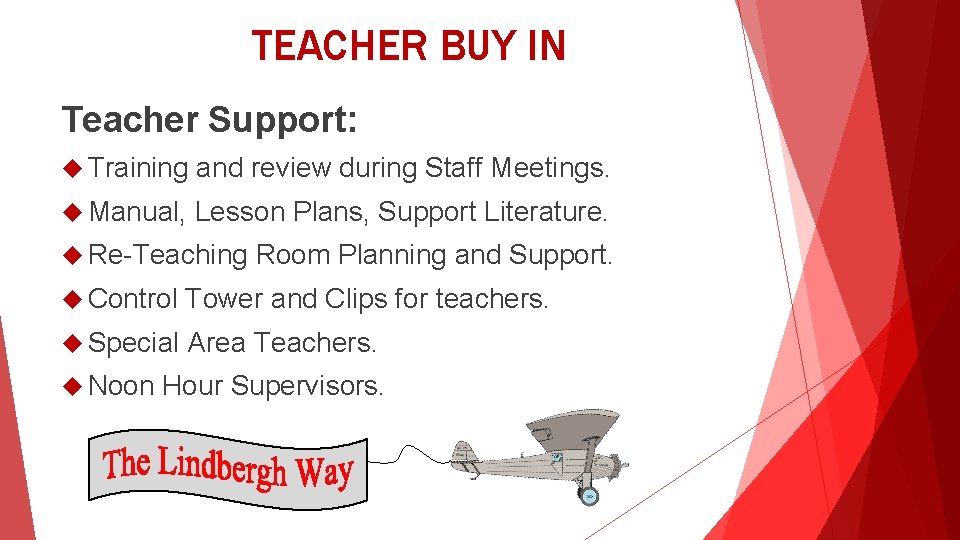 TEACHER BUY IN Teacher Support: Training and review during Staff Meetings. Manual, Lesson Plans,