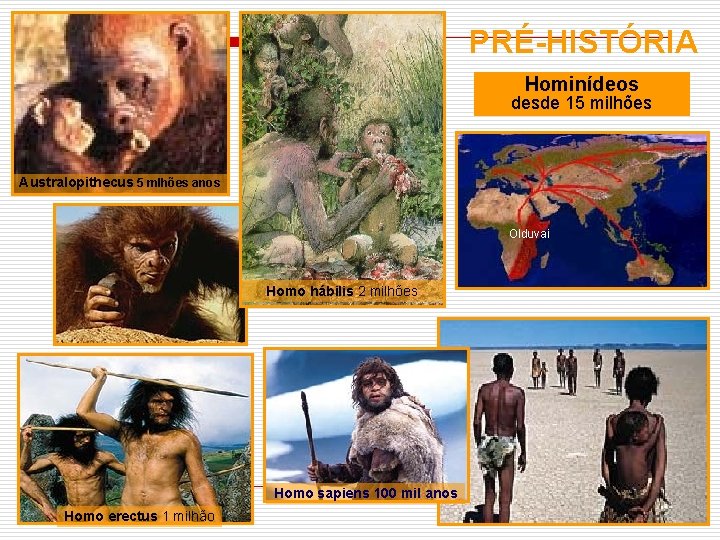PRÉ-HISTÓRIA Hominídeos desde 15 milhões Australopithecus 5 mlhões anos Olduvai Homo hábilis 2 milhões