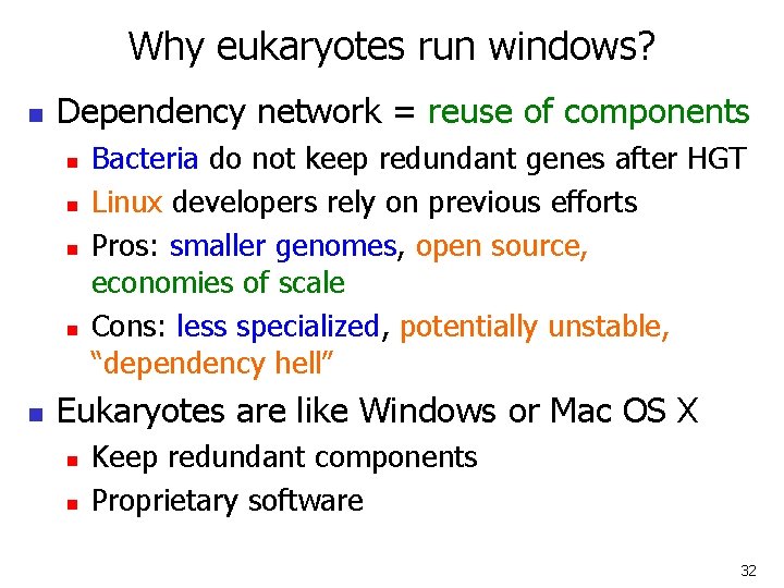 Why eukaryotes run windows? n Dependency network = reuse of components n n n