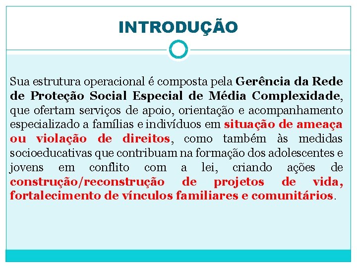 INTRODUÇÃO Sua estrutura operacional é composta pela Gerência da Rede de Proteção Social Especial