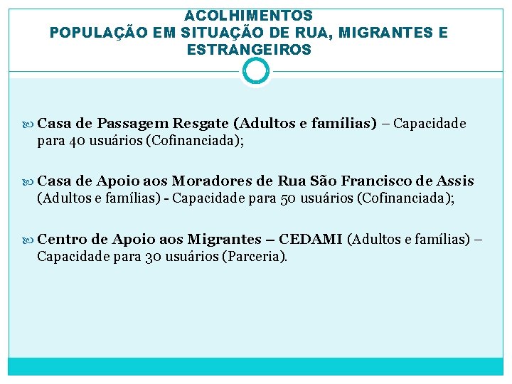 ACOLHIMENTOS POPULAÇÃO EM SITUAÇÃO DE RUA, MIGRANTES E ESTRANGEIROS Casa de Passagem Resgate (Adultos