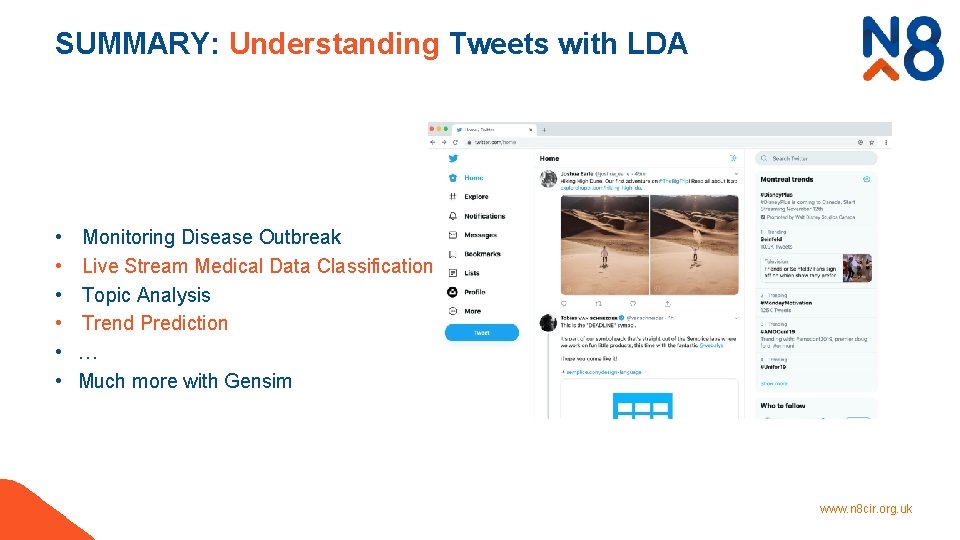 SUMMARY: Understanding Tweets with LDA • • • Monitoring Disease Outbreak Live Stream Medical