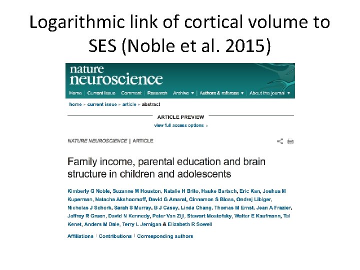 Logarithmic link of cortical volume to SES (Noble et al. 2015) 