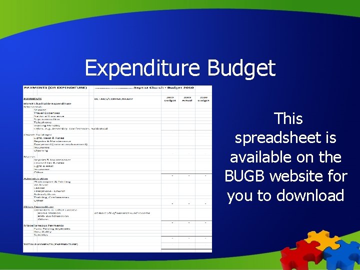 Expenditure Budget This spreadsheet is available on the BUGB website for you to download