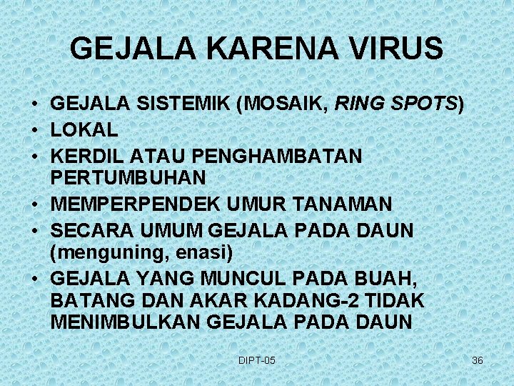 GEJALA KARENA VIRUS • GEJALA SISTEMIK (MOSAIK, RING SPOTS) • LOKAL • KERDIL ATAU