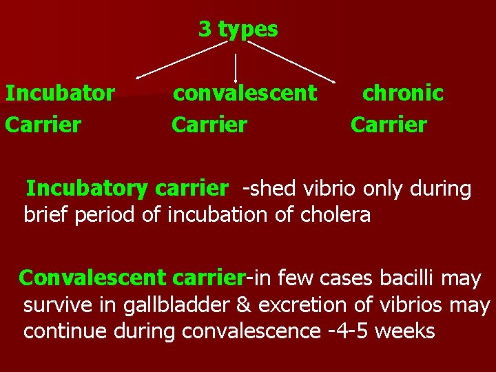 3 types Incubator Carrier convalescent Carrier chronic Carrier Incubatory carrier -shed vibrio only during