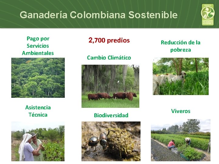 Ganadería Colombiana Sostenible Pago por Servicios Ambientales Asistencia Técnica 2, 700 predios Reducción de