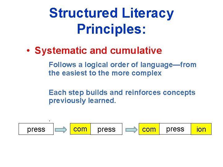 Structured Literacy Principles: • Systematic and cumulative Follows a logical order of language—from the