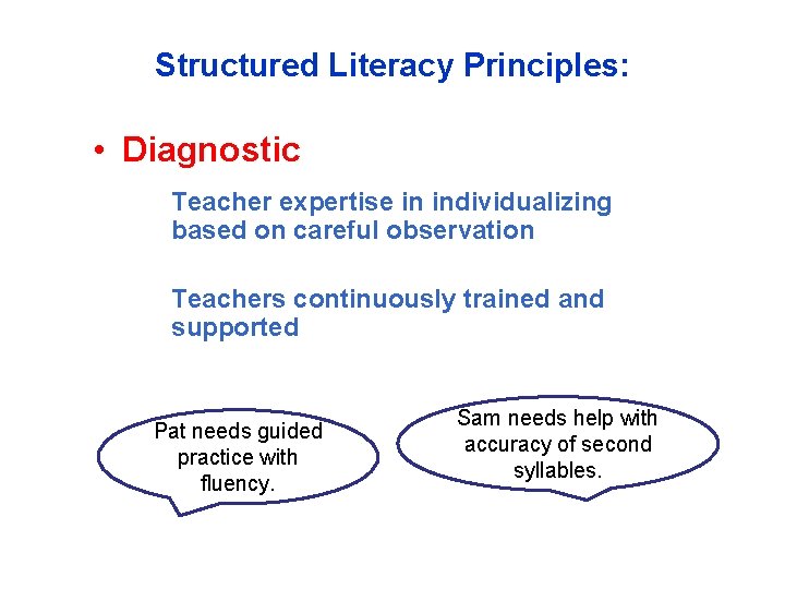 Structured Literacy Principles: • Diagnostic Teacher expertise in individualizing based on careful observation Teachers