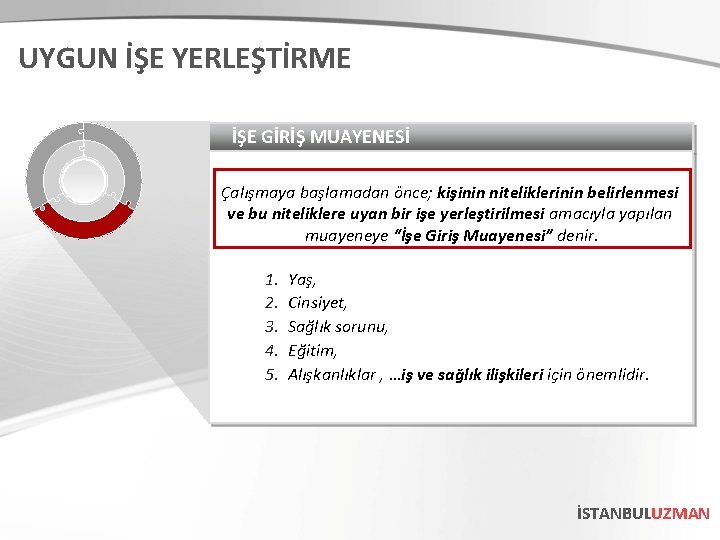 UYGUN İŞE YERLEŞTİRME İŞE GİRİŞ MUAYENESİ Çalışmaya başlamadan önce; kişinin niteliklerinin belirlenmesi ve bu