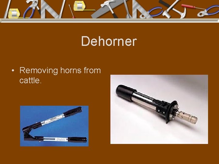 Dehorner • Removing horns from cattle. 