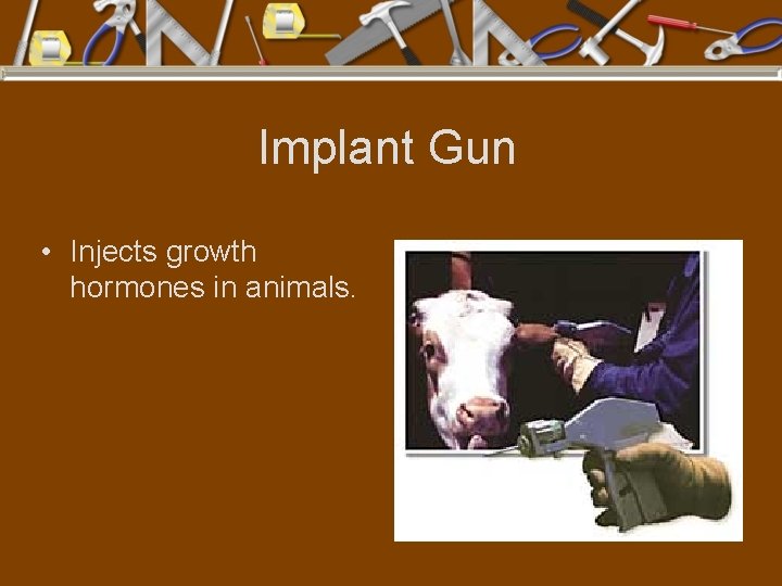 Implant Gun • Injects growth hormones in animals. 