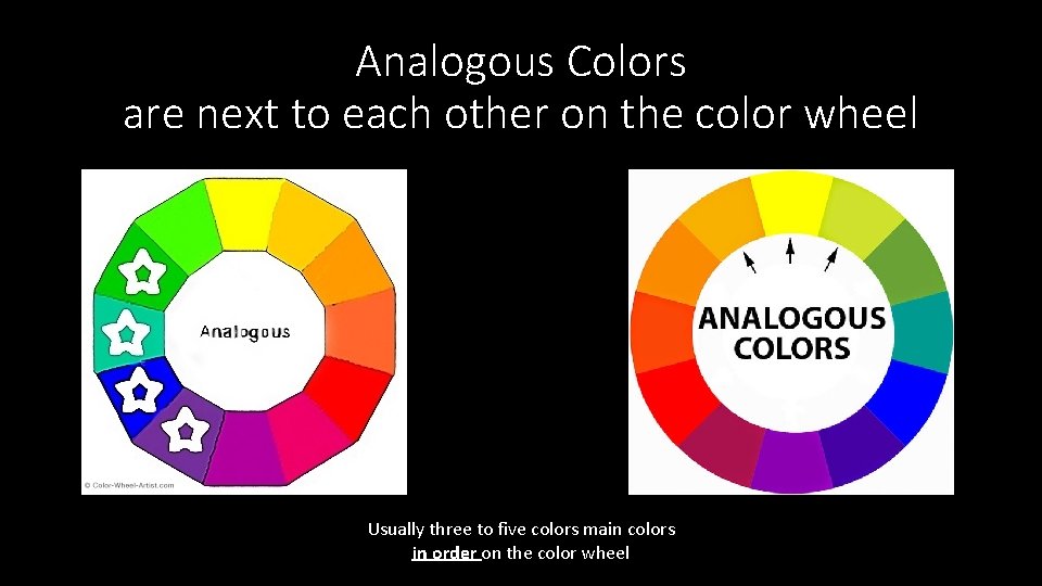 Analogous Colors are next to each other on the color wheel Usually three to