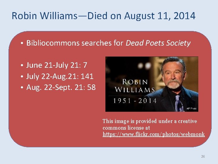 Robin Williams—Died on August 11, 2014 • Bibliocommons searches for Dead Poets Society •