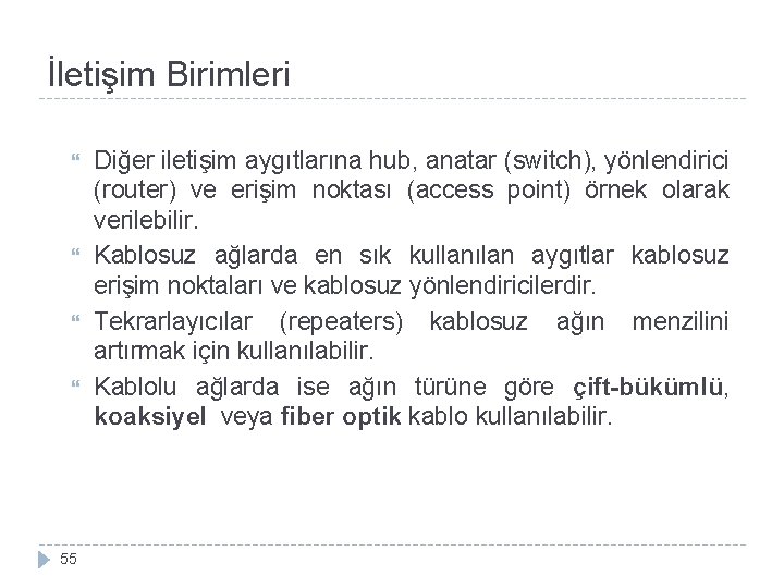 İletişim Birimleri 55 Diğer iletişim aygıtlarına hub, anatar (switch), yönlendirici (router) ve erişim noktası