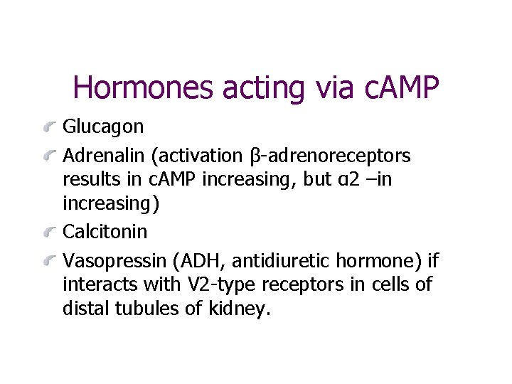 Hormones acting via c. AMP Glucagon Adrenalin (activation β-adrenoreceptors results in c. AMP increasing,