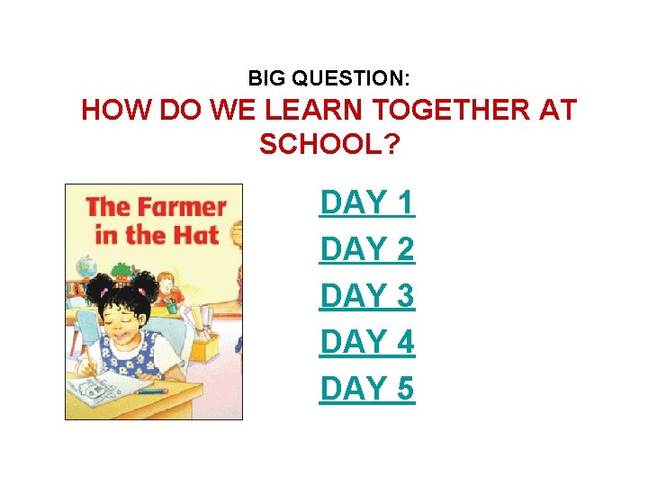 BIG QUESTION: HOW DO WE LEARN TOGETHER AT SCHOOL? DAY 1 DAY 2 DAY