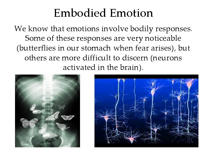 Embodied Emotion We know that emotions involve bodily responses. Some of these responses are