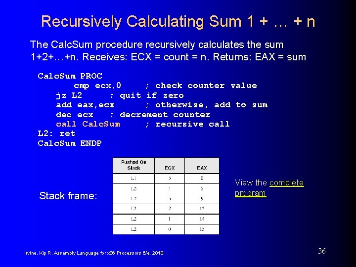 Recursively Calculating Sum 1 + … + n The Calc. Sum procedure recursively calculates