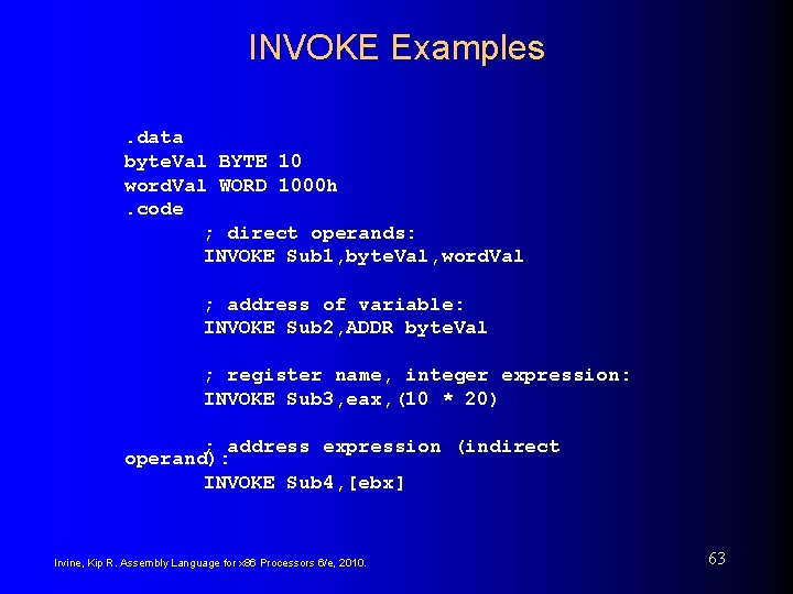 INVOKE Examples. data byte. Val BYTE 10 word. Val WORD 1000 h. code ;