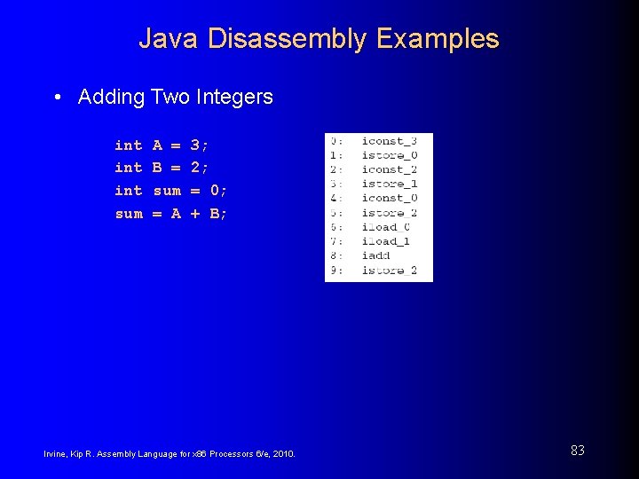 Java Disassembly Examples • Adding Two Integers int int sum A = B =