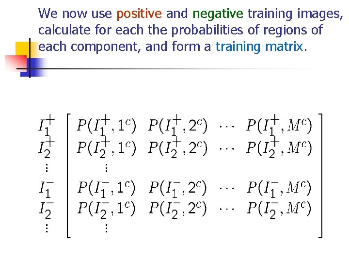 We now use positive and negative training images, calculate for each the probabilities of