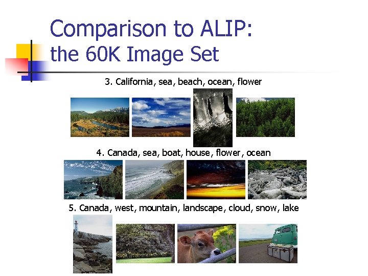 Comparison to ALIP: the 60 K Image Set 3. California, sea, beach, ocean, flower