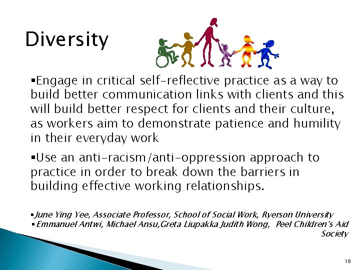 Diversity §Engage in critical self-reflective practice as a way to build better communication links