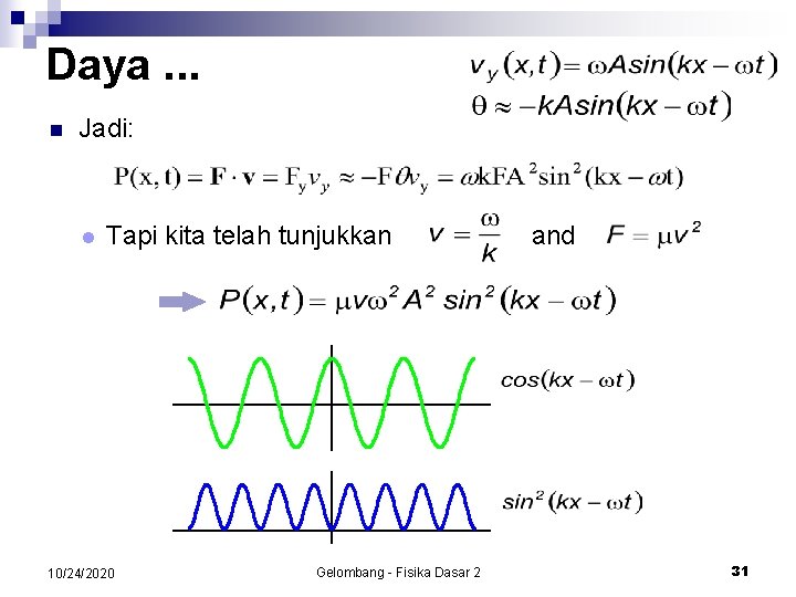 Daya. . . n Jadi: l Tapi kita telah tunjukkan 10/24/2020 Gelombang - Fisika