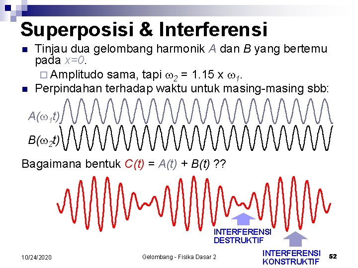 Superposisi & Interferensi n n Tinjau dua gelombang harmonik A dan B yang bertemu