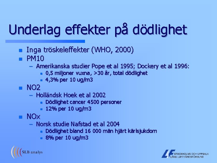 Underlag effekter på dödlighet n n Inga tröskeleffekter (WHO, 2000) PM 10 – Amerikanska