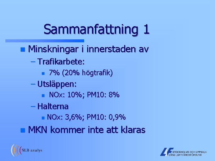 Sammanfattning 1 n Minskningar i innerstaden av – Trafikarbete: n 7% (20% högtrafik) –