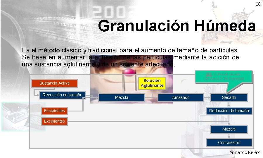 28 Granulación Húmeda Es el método clásico y tradicional para el aumento de tamaño